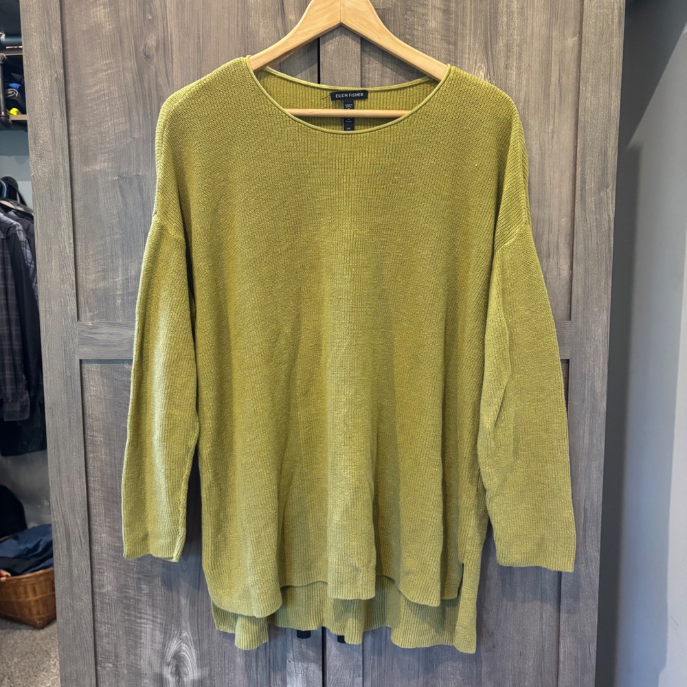 Eileen Fisher Organic Linen Cotton Sweater Chartreuse Green Large High Low Hem
